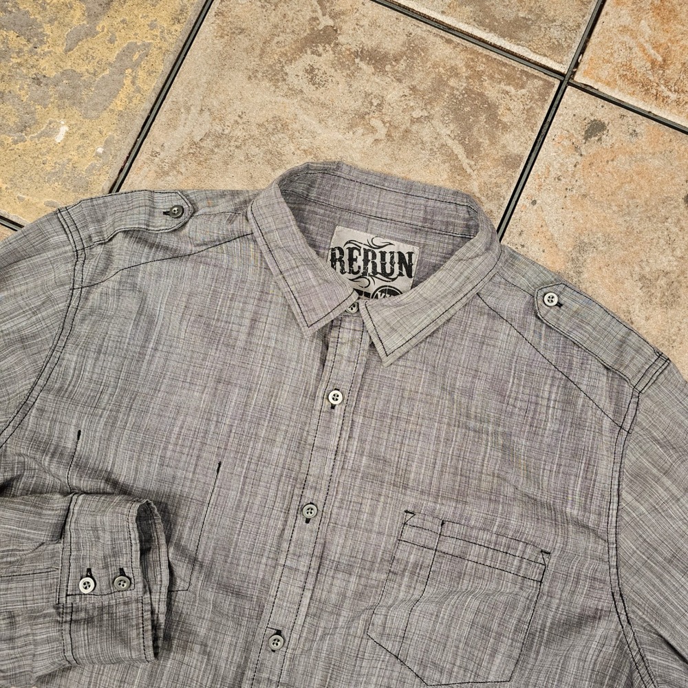 Rerun Mens XXL Grey Slub Texture Button Down Shirt Epaulettes Roll Tab‎ Sleeve